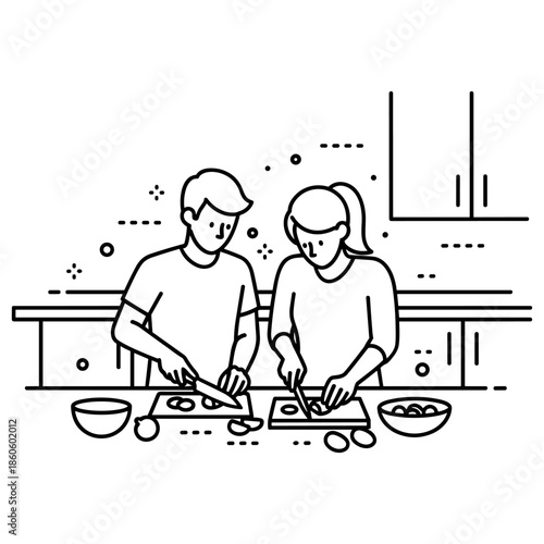 Caucasian young adults cooking together in kitchen line art illustration