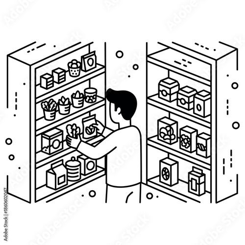 Asian male adult shopping in grocery store aisle picking food products