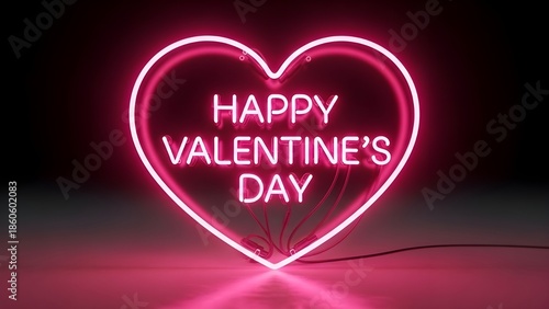 Pink Neon Happy Valentine's Day Heart Sign with Reflection