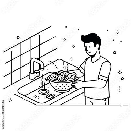 Young caucasian male washing vegetables at kitchen sink