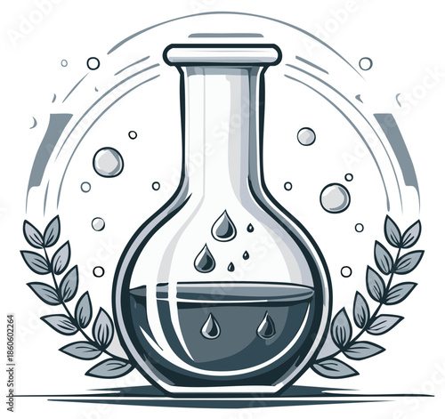 Scientific Flask with Liquid Drops Bubbles and Organic Elements Illustration