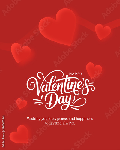 Classic Valentine’s Day Poster with Blurred Hearts on Red Background