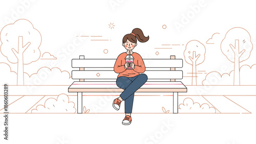 Young caucasian female enjoying a drink on a park bench in a minimalist illustrated setting