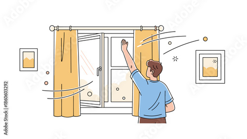 Young caucasian male opening window with yellow curtains in minimalist room