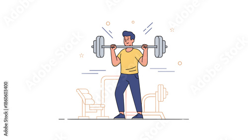 Young male cartoon lifting barbell in gym workout setting illustration