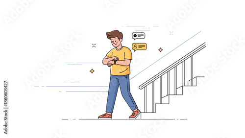 Young caucasian male with short hair typing on wrist device near stairs