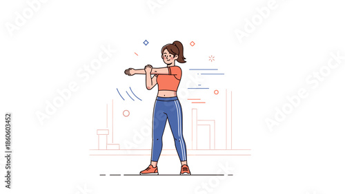 Young caucasian female stretching in urban setting