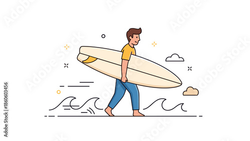 Cartoon illustration of young caucasian male surfer carrying surfboard on beach
