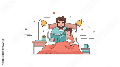 Caucasian male adult reading to child in bedtime setting with lamps and books
