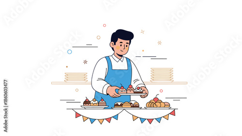 Young hispanic male pastry chef arranging desserts at bakery display counter