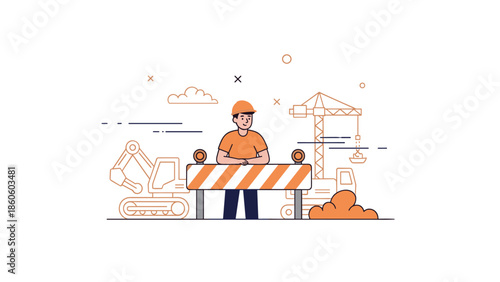 Young male construction worker at site with machinery and tools
