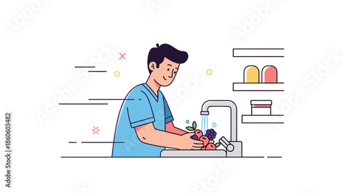 Asian male young adult washing fruits in modern kitchen illustration