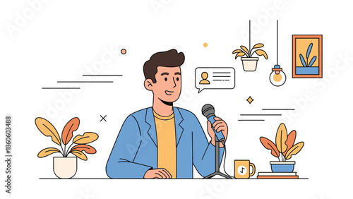 Young caucasian male podcaster recording in studio with microphone and plants