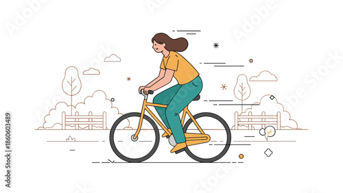 Young female enjoying outdoor bike ride in scenic park setting