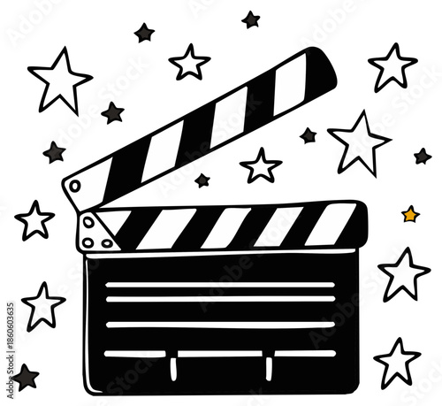 Stylish Movie Clapper Board with Stars. Black and White Illustration for Media Projects. Isolated on White. Vector
