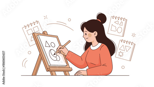 Young asian female artist drawing geometric shapes on canvas