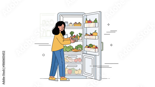 Female adult asian organizing fresh groceries in fridge at home