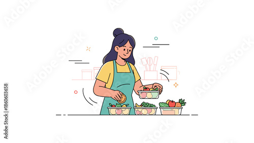 Hispanic female adult preparing fresh healthy meals in kitchen