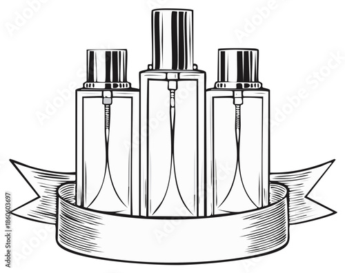 Elegant Perfume Bottle Trio with Blank Banner for Logo or Text Black and White