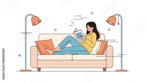 Asian female adult relaxing on couch reading tablet surrounded by floor lamps