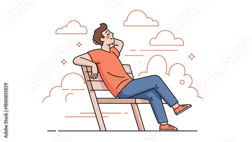 Young caucasian male relaxing on bench with cloudy sky background in casual attire