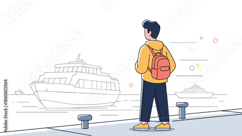 Young male observing yacht at harbor with backpack and casual outfit