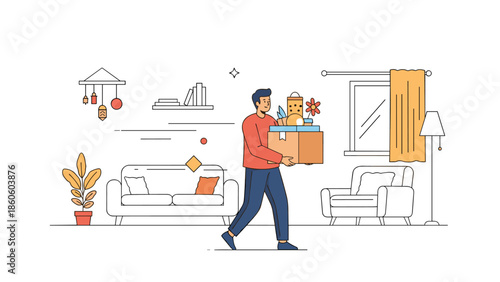Young adult hispanic male moving boxes in cozy living room interior with minimalist decor