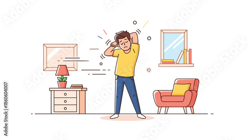Illustrated frustrated male in modern living room setting