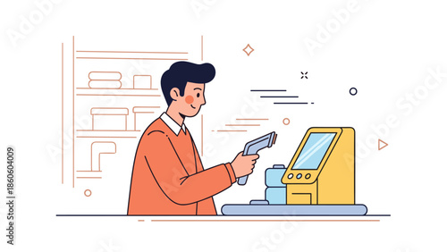 Young male caucasian cashier scans groceries at checkout counter in modern store setting