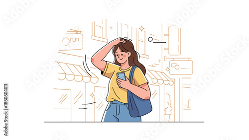 Young caucasian female texting on smartphone in urban street illustration