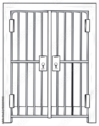 Graphic double security gate with vertical bars and two distinct keyhole locks