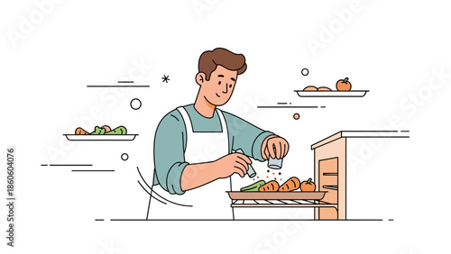 Young caucasian male cooking in kitchen: preparing vegetables