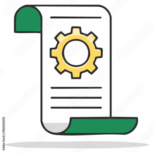 Illustrated document icon with a golden cogwheel symbol and green accents representing policy or process
