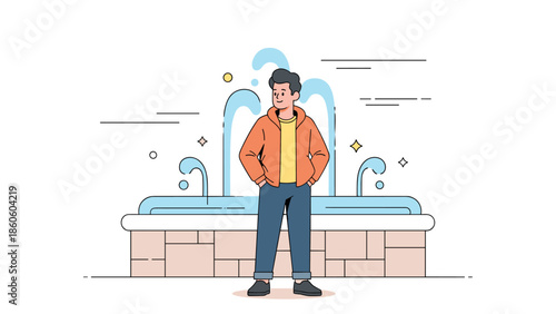 Young hispanic male standing by fountain in urban park