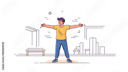 Happy young caucasian male enjoying outdoor cityscape with open arms