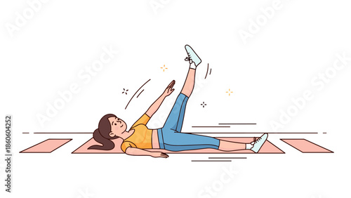 Young hispanic female exercising with leg raises on yoga mat