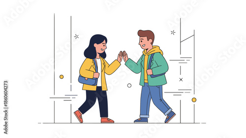 Young caucasian female and male friends high-fiving in casual attire
