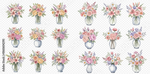 Set of beautiful watercolor flower bouquets in glass vases, perfect for spring and summer designs.