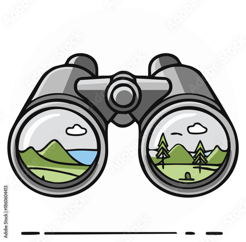 Binoculars revealing a picturesque landscape with mountains and trees representing exploration and discovery