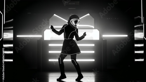 Futuristic astronaut dancer silhouette black and white techno music flyer background