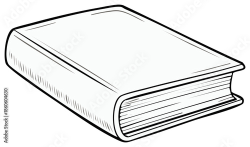 Monochrome illustration of a closed book with plain cover and visible pages