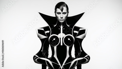 Futuristic avant garde fashion model portrait in glossy black and white latex suit modern fashion model