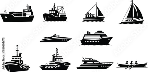 Collection of various black silhouette ship and boat icons on a white background