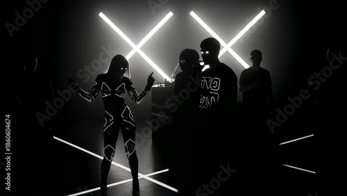 Underground techno nightclub scene with neon X lights silhouettes and futuristic LED suit dancer