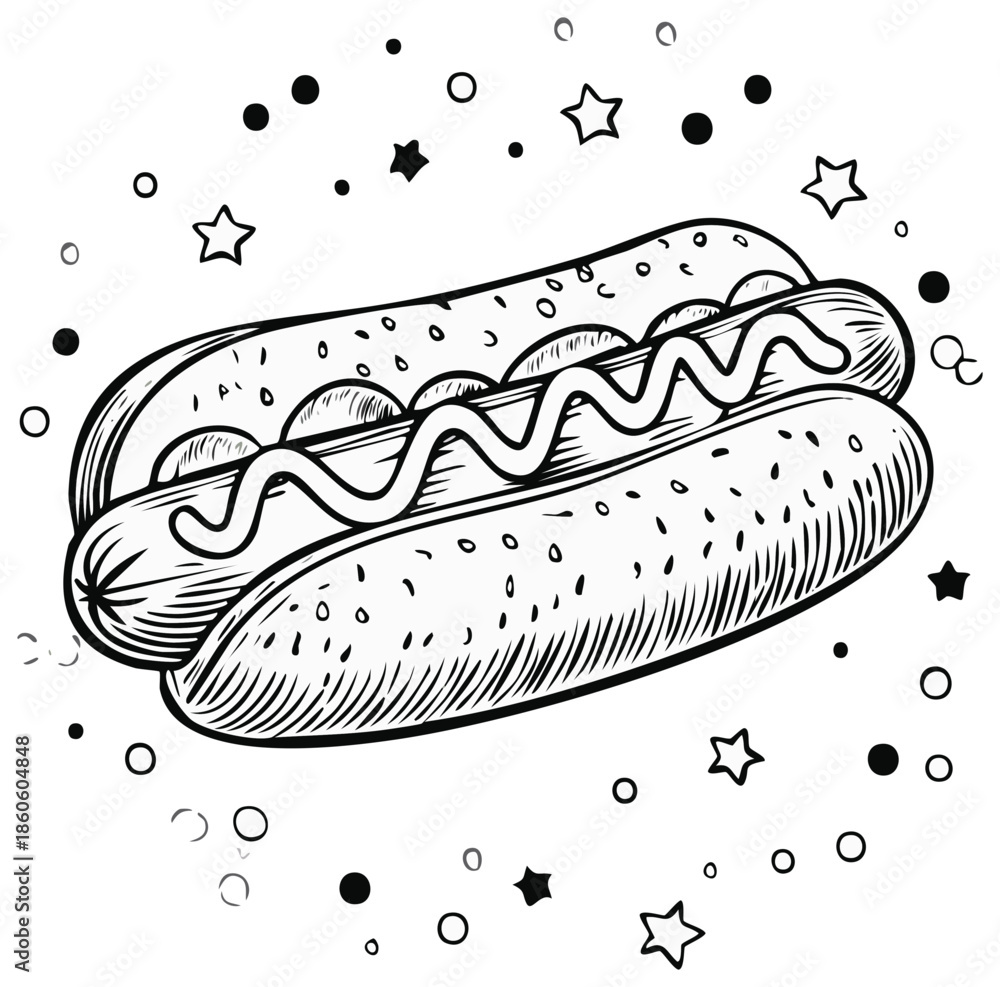 Fototapeta premium Classic American hot dog with mustard and festive stars in a black and white line drawing