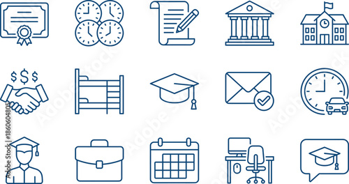 Set of Blue Line Education Icons Featuring Diploma, Graduation Cap, School Building, Mortarboard, Briefcase, Office Desk, Calendar, and Academic Success