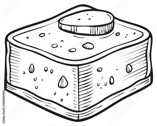 Delicious traditional sweet dessert block with nut toppings in hand drawn sketch style