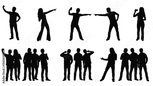 Silhouettes of people in various action poses demonstrating movement and activity