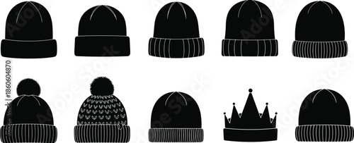 Winter beanie hat silhouette collection showing knitted caps pom pom styles isolated black vector illustration fashion accessory set