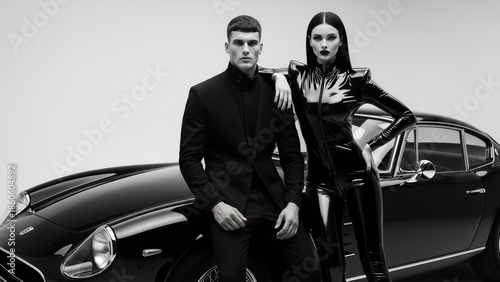 Luxury fashion couple with classic car minimal monochrome fashion flyer background